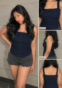 Stylish Navy Blue Ribbed Square Neck Top
