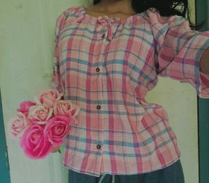 Pink Plaid Korean Top with Bow Detail