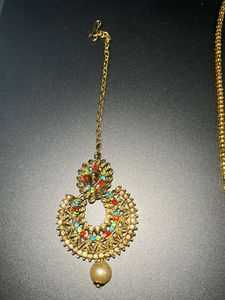 Golden necklace with Maang Tikka &amp; Earrings Set