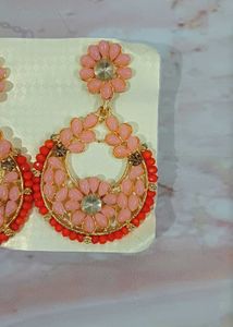 New Peach Floral Earrings with Maang Tikka