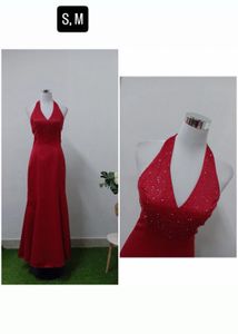 Elegant Red Beaded Halter Neck Dress