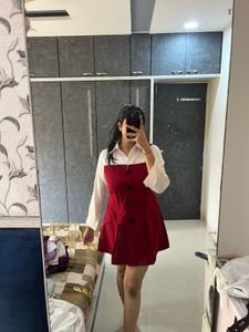 Red Pinafore Dress with White Blouse