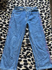 Stylish Blue Jeans with Pink Embroidery