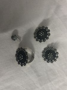 Oxidized Silver Necklace with Earrings &amp; Rings