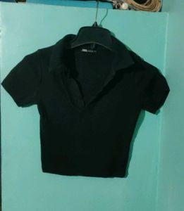 Zara Black Polo Neck crop Tee