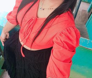 Vibrant Red Puff Sleeve Collared Crop Top