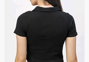 Black Ribbed Polo Crop Top
