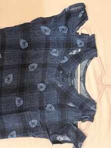 Blue Plaid Cold Shoulder Top