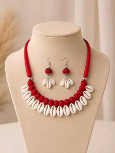 Red &amp; White Cowrie Shell Necklace &amp; Earrings Set
