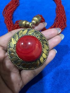 Pretty Read Beaded Necklace With Big Locket