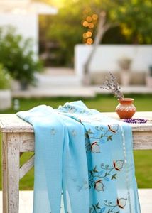 Sky Blue Embroidered Cotton Saree 🌸💙