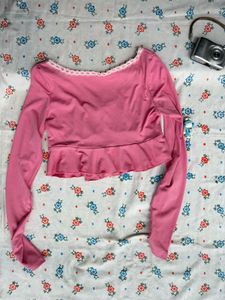 Cute Pink Lace Trim Peplum Top
