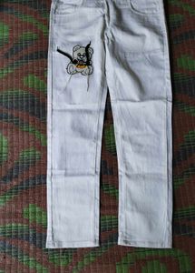 White Jeans with Teddy Bear Patch