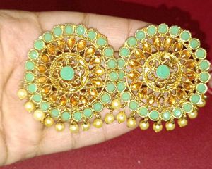 Elegant Gold &amp; Teal Studs + Red Fan Earrings
