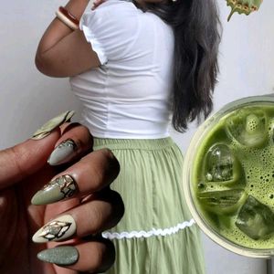 White Ruched Crop Top and olive green skirt