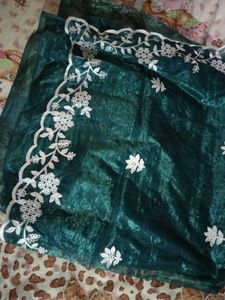 Elegant Teal Saree with White Embroidery