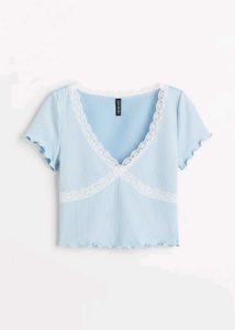 Light Blue Lace Trim Crop Top