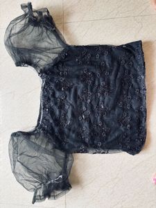 Black Sequined Sheer Sleeve Blouse