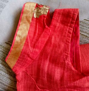 Elegant Coral Peach Saree With Stitched Blouse