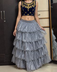 Designer Velvet Crop Top & Ruffled Skirt Set