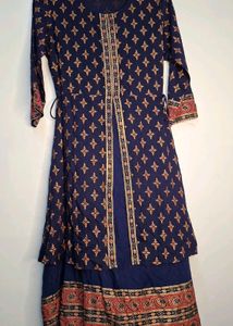 Navy Blue Layered Geometric Print Kurti