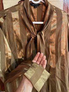 Shimmer Striped Tie-Neck Blouse