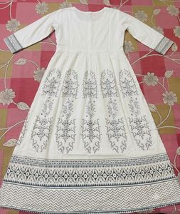 White Anarkali Kurta with Blue Block Print