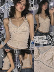Y2K Beige Lace Trim Tank Top
