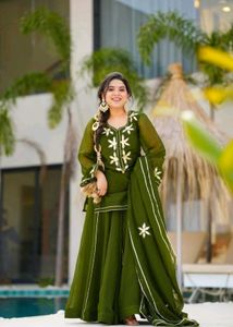 trendy Olive Green Kurta Set with Dupatta Bell sle