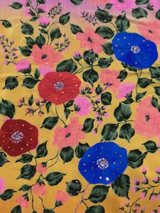 Pure Crepe Floral Hand work And Painted Sari