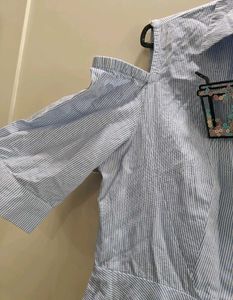 Madame Blue Striped Cold Shoulder Shirt Dress