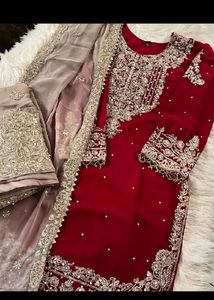 Exquisite  (maroon red) &amp; Beige Embroidered Le