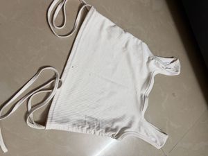 White Ribbed Crop Top with Tie Details