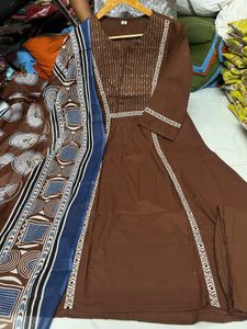 Brown Embroidered Kurta Set with Dupatta