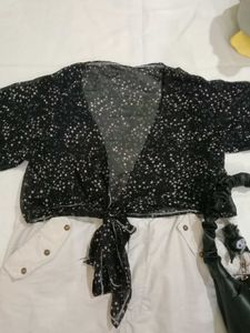 Sheer Black &amp; White Star Print Tie Front Top