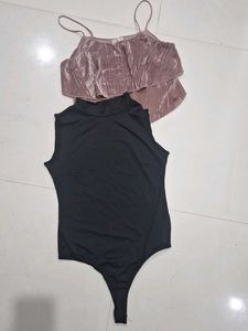 Chic Velvet Ruffle Top &amp; Black Bodysuit Set
