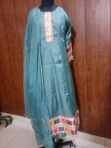 Teal Kurta Set with Embellished Neckline