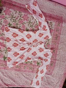 White Kurta with Red Floral Print
