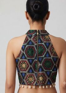 Embroidered Geometric Halter Neck Padded Blouse