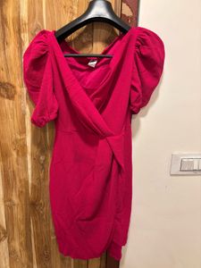 Vibrant Pink Puff Sleeve Wrap Dress