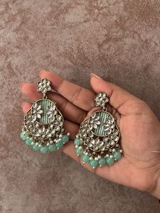 Mint Kundan Chandbali Earrings