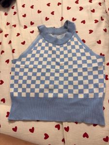 Checkerboard Halter Neck Knit Top