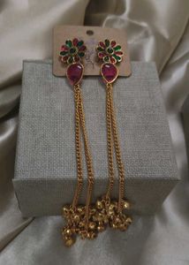 Traditional Pink Stone Long Drop Kashmiri Earrings