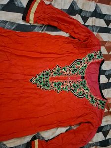 Vibrant Orange Embroidered Kurta