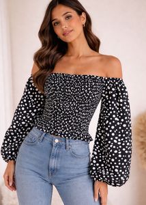 Off-Shoulder Smocked Dot Print Top