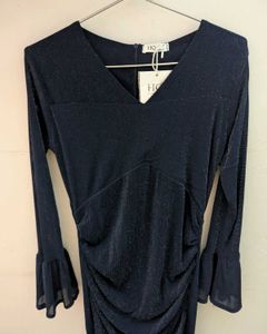 Elegant Navy Blue Ruched Midi Dress