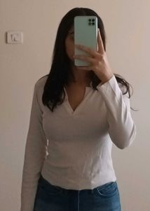 cream long sleeve collared top