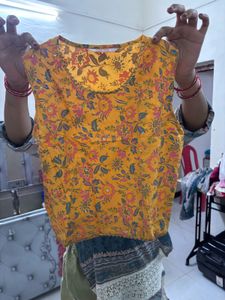 Yellow Floral Print Kurta Set with Palazzo
