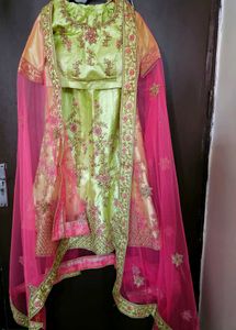 Green & Pink Embroidered Lehenga , ready to wear