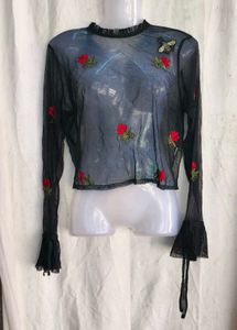 I. Sheer Black Floral Embroidered Top